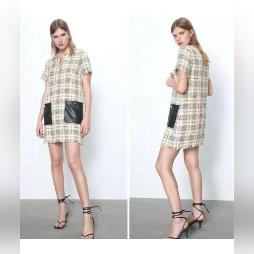 ZARA Fray Tweed Dress Size Medium Plaid Faux Leather Pockets Gold Black Shift